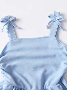 Elladie kids 少女藍色優雅公主仙女夏季生日禮服，3D蝴蝶結抓褶肩帶茶會套裝，適合青少年校園畢業假期，可愛簡約 - 藍色 - 查看 5
