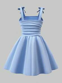 Elladie kids 少女藍色優雅公主仙女夏季生日禮服，3D蝴蝶結抓褶肩帶茶會套裝，適合青少年校園畢業假期，可愛簡約 - 藍色 - 查看 4