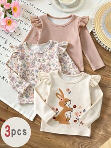 3 Pcs Baby Girls Fall Cute Rabbit & Floral Print Ruffle Ribbed Long Sleeve Tops Fall Outfits - Multicolor - View 4