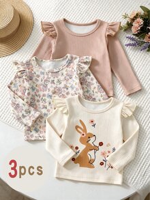 3 Pcs Baby Girls Fall Cute Rabbit & Floral Print Ruffle Ribbed Long Sleeve Tops Fall Outfits - Multicolor - View 1