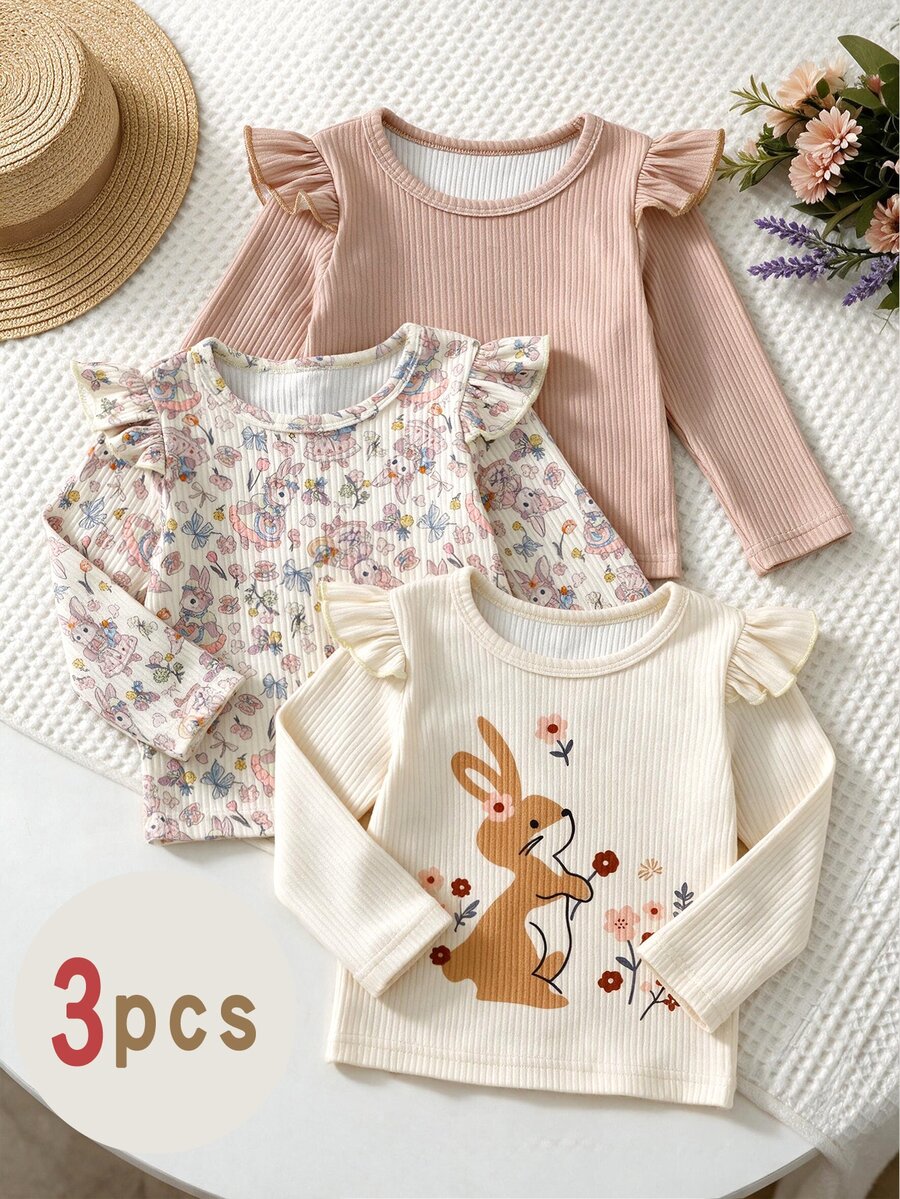 3 Pcs Baby Girls Fall Cute Rabbit & Floral Print Ruffle Ribbed Long Sleeve Tops Fall Outfits - Multicolor - View 1