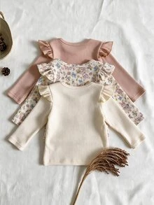 3 Pcs Baby Girls Fall Cute Rabbit & Floral Print Ruffle Ribbed Long Sleeve Tops Fall Outfits - Multicolor - View 2