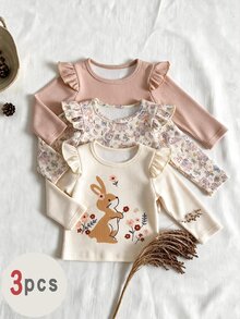 3 Pcs Baby Girls Fall Cute Rabbit & Floral Print Ruffle Ribbed Long Sleeve Tops Fall Outfits - Multicolor - View 3
