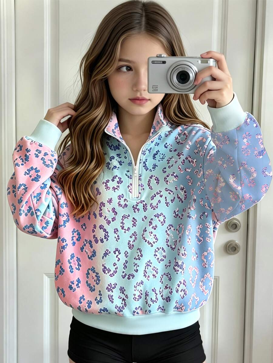 Young Girls Fall Winter Colorful Leopard Print Half-Zip Sweatshirt Casual Long Sleeve Tops - Multicolor - View 1