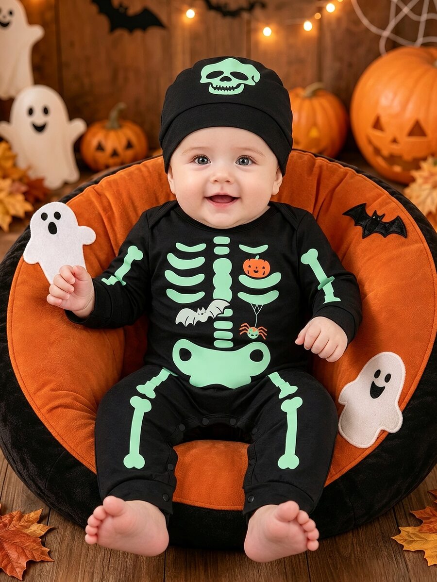 SHEIN Playful Pals 2pcs Halloween Skeleton Romper Hat Set For Baby Boys Infants Toddlers Newborn Baby Cozy Spooky Halloween Decorations Parties Photoshoots 6M-3T - Black - View 1