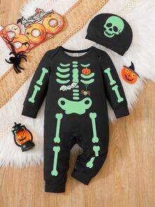 SHEIN Playful Pals 2pcs Halloween Skeleton Romper Hat Set For Baby Boys Infants Toddlers Newborn Baby Cozy Spooky Halloween Decorations Parties Photoshoots 6M-3T - Black - View 2