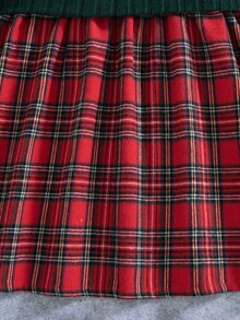 SHEIN Vintaside Kids 1件女童春季新款聖誕新年深綠色與紅色格紋英倫甜美風羅紋刷毛布料拼接彼得潘領A字長袖洋裝，適合新年拜訪、生日派對、節日拍照、返校、戶外出遊、日常穿著，幼童女童節日公主洋裝 - 紅色 - 查看 10