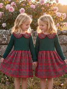 SHEIN Vintaside Kids 1件女童春季新款聖誕新年深綠色與紅色格紋英倫甜美風羅紋刷毛布料拼接彼得潘領A字長袖洋裝，適合新年拜訪、生日派對、節日拍照、返校、戶外出遊、日常穿著，幼童女童節日公主洋裝 - 紅色 - 查看 4