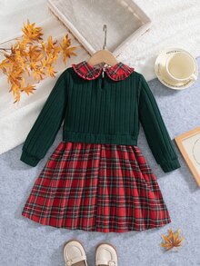 SHEIN Vintaside Kids 1件女童春季新款聖誕新年深綠色與紅色格紋英倫甜美風羅紋刷毛布料拼接彼得潘領A字長袖洋裝，適合新年拜訪、生日派對、節日拍照、返校、戶外出遊、日常穿著，幼童女童節日公主洋裝 - 紅色 - 查看 2