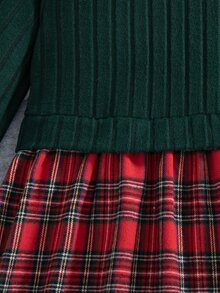 SHEIN Vintaside Kids 1件女童春季新款聖誕新年深綠色與紅色格紋英倫甜美風羅紋刷毛布料拼接彼得潘領A字長袖洋裝，適合新年拜訪、生日派對、節日拍照、返校、戶外出遊、日常穿著，幼童女童節日公主洋裝 - 紅色 - 查看 9