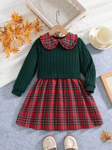 SHEIN Vintaside Kids 1件女童春季新款聖誕新年深綠色與紅色格紋英倫甜美風羅紋刷毛布料拼接彼得潘領A字長袖洋裝，適合新年拜訪、生日派對、節日拍照、返校、戶外出遊、日常穿著，幼童女童節日公主洋裝 - 紅色 - 查看 6