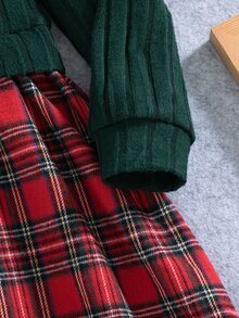 SHEIN Vintaside Kids 1件女童春季新款聖誕新年深綠色與紅色格紋英倫甜美風羅紋刷毛布料拼接彼得潘領A字長袖洋裝，適合新年拜訪、生日派對、節日拍照、返校、戶外出遊、日常穿著，幼童女童節日公主洋裝 - 紅色 - 查看 8