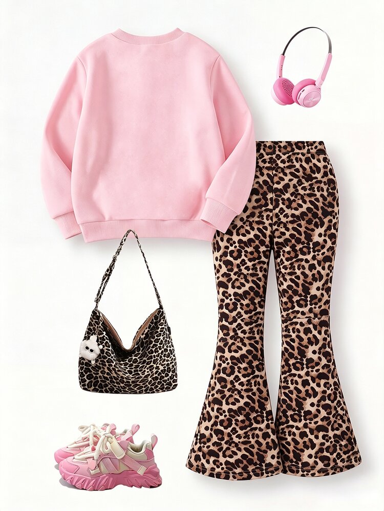 SHEIN Genkimix Kids Girls 2pcs Set Cheetah Print 3D Bow Cute Sweatshirt With Cheetah Print Pants,New Fall Styles,Suitable For Indoor & Outdoor Wear In Autumn/Winter - Multicolor - View 2