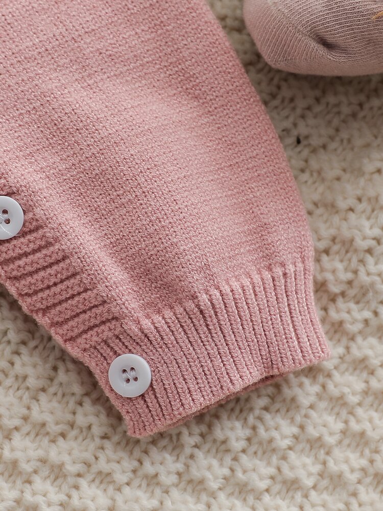SHEIN Baby Girls Sweater Onesies, Soft Round Neck Fashion French Flutter Sleeve Sweet Cute Pink Elegant Versatile Jacquard Cartoon Handmade Bow Heavy Work Exquisite Baby Infant Knitted Romper, Suitable For Autumn/Winter Casual Party Outing Travel Holiday - Pink - View 5