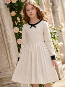 Tween Girl Apricot Bow Decor Knitted Dress - Apricot - View 1