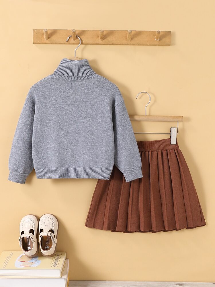 Young Girl Bear Pattern High Neck Long Sleeve Sweatshirt And Skirt Knitted Set Pullover Autumn Winter - Grey - View 2
