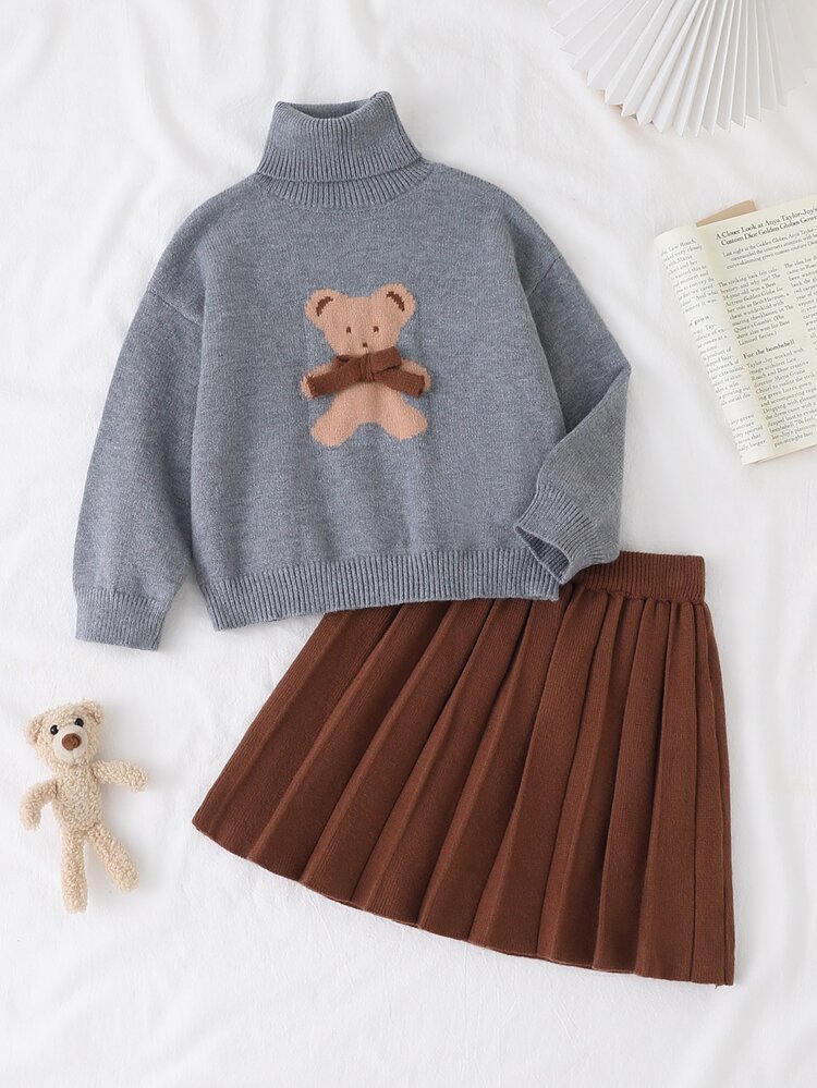 Young Girl Bear Pattern High Neck Long Sleeve Sweatshirt And Skirt Knitted Set Pullover Autumn Winter - Grey - View 9