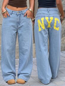 Muchica Women's Letter Print Straight Leg Jeans - Light Wash - View 6