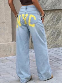 Muchica Women's Letter Print Straight Leg Jeans - Light Wash - View 5