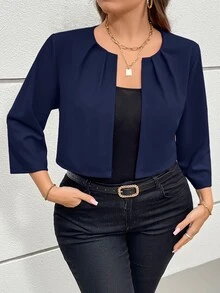 SHEIN Essnce 大码女装秋季镂空服装感恩节女装商务休闲女装秋季女装秋冬新款时尚优雅通勤办公室工作七分袖短款西装外套 - 藏蓝色 - 查看 4