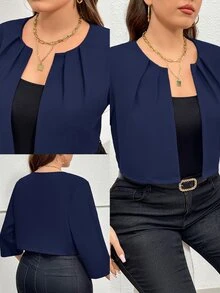 SHEIN Essnce 大码女装秋季镂空服装感恩节女装商务休闲女装秋季女装秋冬新款时尚优雅通勤办公室工作七分袖短款西装外套 - 藏蓝色 - 查看 1