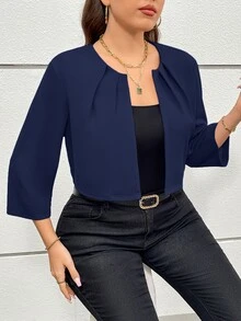 SHEIN Essnce 大码女装秋季镂空服装感恩节女装商务休闲女装秋季女装秋冬新款时尚优雅通勤办公室工作七分袖短款西装外套 - 藏蓝色 - 查看 7