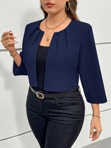 SHEIN Essnce 大码女装秋季镂空服装感恩节女装商务休闲女装秋季女装秋冬新款时尚优雅通勤办公室工作七分袖短款西装外套 - 藏蓝色 - 查看 3
