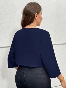 SHEIN Essnce 大码女装秋季镂空服装感恩节女装商务休闲女装秋季女装秋冬新款时尚优雅通勤办公室工作七分袖短款西装外套 - 藏蓝色 - 查看 2