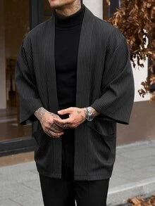 Manfinity CasualCool 男士條紋休閒百搭日常旅行襯衫 - 黑色 - 查看 3