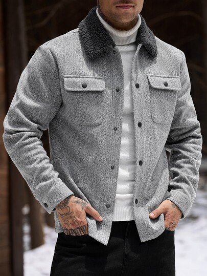Manfinity CasualCool 2026 New Men's New Year Christmas Halloween Holiday Gift Casual Fashion Design Minimalist Elegant Versatile Loose Grey Faux Fur Collar Long Sleeve Wool Blend