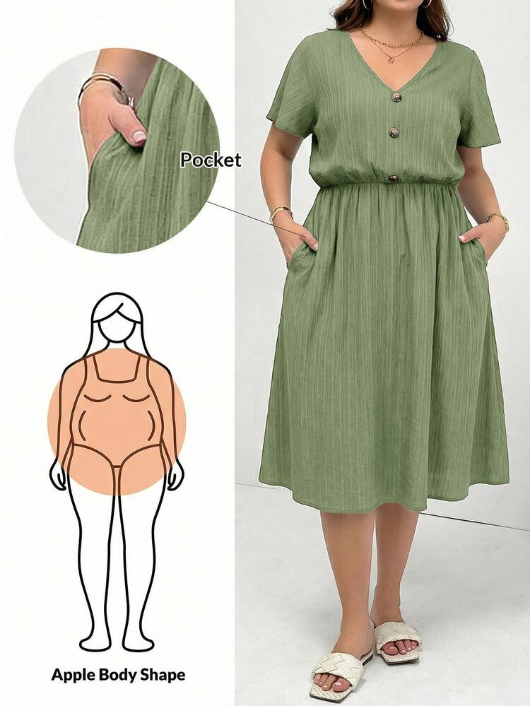 Shapeblank Plus Size Women's Solid Color V-Neck Pleated Casual Smart Casual Daily Wear Dress Vacation Sage Green Summer - Army Green - View 7