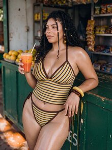 SHEIN Swim 2026新款復古優雅性感1920年代條紋比基尼兩件套 掛脖三角杯 聚攏胸型 側綁帶褲褲 棕色白色 度假海灘夏季 - 棕色 - 查看 5