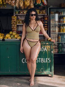 SHEIN Swim 2026新款復古優雅性感1920年代條紋比基尼兩件套 掛脖三角杯 聚攏胸型 側綁帶褲褲 棕色白色 度假海灘夏季 - 棕色 - 查看 3
