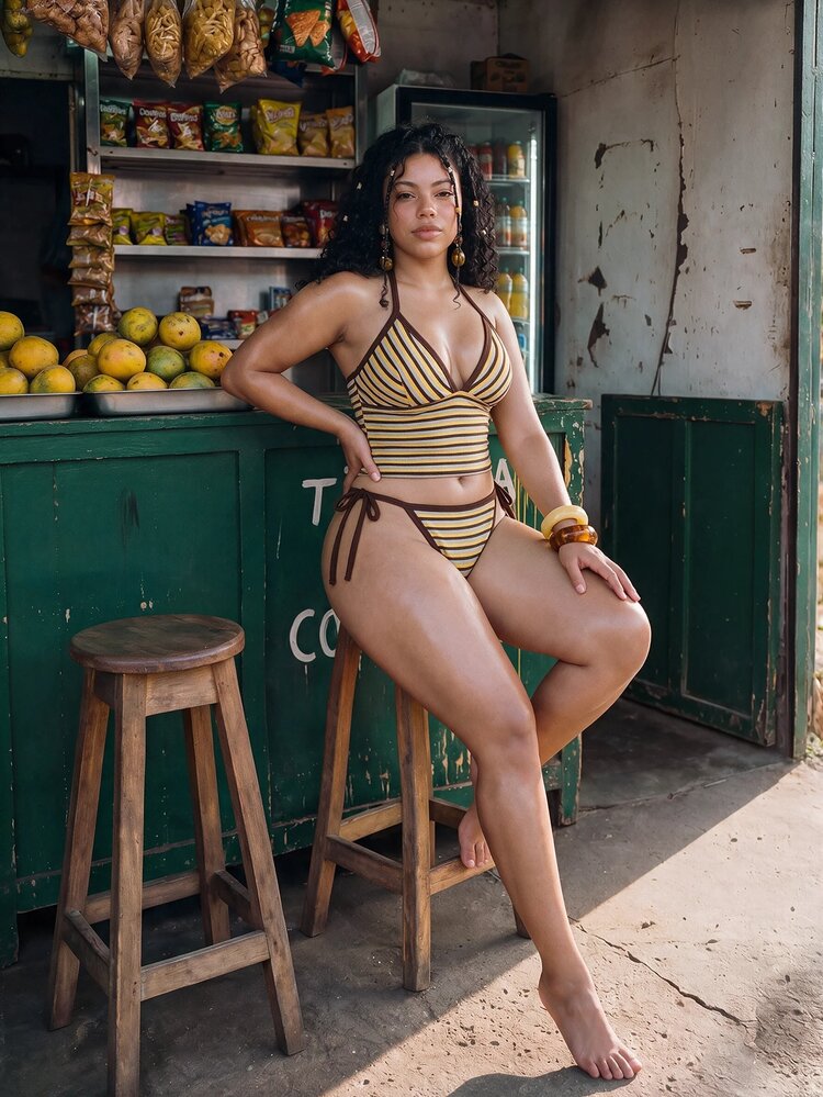 SHEIN Swim 2026 New Vintage Elegant Sexy 1920s Striped Bikini 2 Pieces Set Halter Triangle Cups Push-Up Side Tie Bottoms Brown White Vacation Beach Summer - Brown - View 4