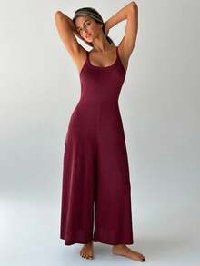 DAZY Women's Solid Color Spaghetti Strap Jumpsuit Loungewear - Burgundy - View 4
