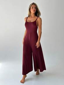 DAZY Women's Solid Color Spaghetti Strap Jumpsuit Loungewear - Burgundy - View 6