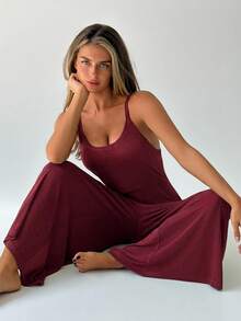 DAZY Women's Solid Color Spaghetti Strap Jumpsuit Loungewear - Burgundy - View 3
