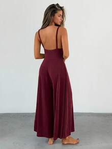 DAZY Women's Solid Color Spaghetti Strap Jumpsuit Loungewear - Burgundy - View 2