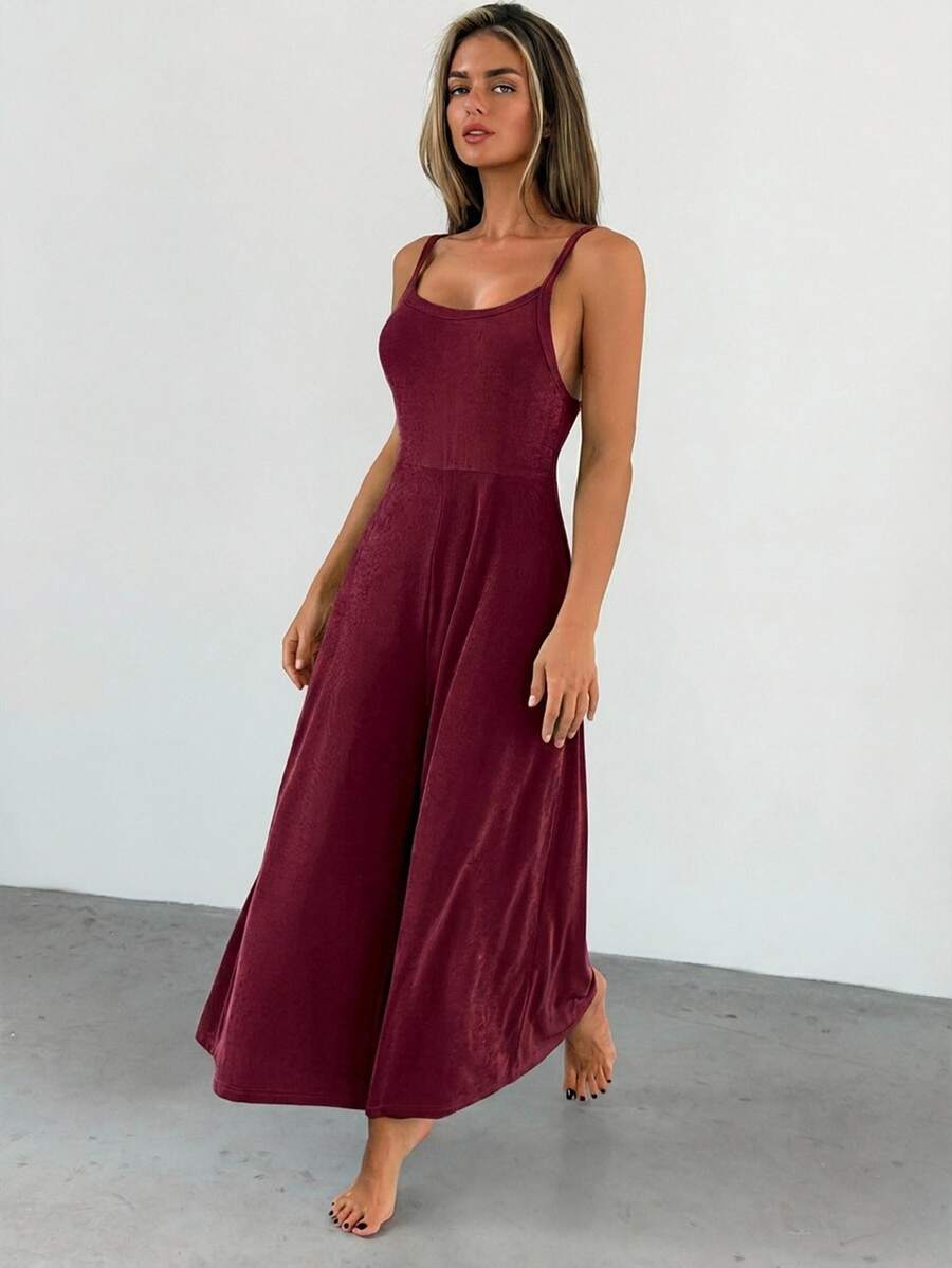 DAZY Women's Solid Color Spaghetti Strap Jumpsuit Loungewear - Burgundy - View 1