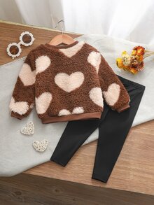 SHEIN 女童咖啡色毛絨愛心衛衣 + 黑色內搭褲 2件套，休閒日常百搭加厚秋冬新款 - 咖啡棕 - 查看 3