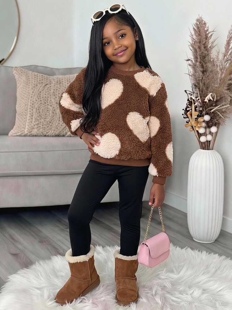 SHEIN Young Girls Coffee Color Plush Heart Sweatshirt + Black Leggings 2pcs Set, Casual Daily Versatile Thickened Autumn/Winter New Style - Coffee Brown - View 2