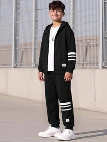 SHEIN 兒童青少年男孩連帽衫與運動衫套裝 - 黑色 - 查看 1