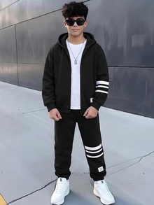 SHEIN 兒童青少年男孩連帽衫與運動衫套裝 - 黑色 - 查看 4