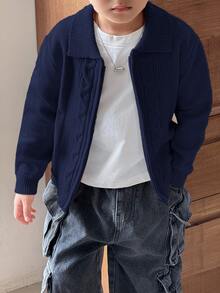 SHEIN 兒童青少年男孩休閒韓系學院風百搭針織開襟毛衣，適合學校、日常休閒、學院出遊、運動，適合秋冬季節穿著 - 寶藍色 - 查看 1