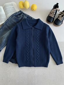 SHEIN 兒童青少年男孩休閒韓系學院風百搭針織開襟毛衣，適合學校、日常休閒、學院出遊、運動，適合秋冬季節穿著 - 寶藍色 - 查看 3