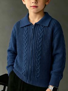 SHEIN 兒童青少年男孩休閒韓系學院風百搭針織開襟毛衣，適合學校、日常休閒、學院出遊、運動，適合秋冬季節穿著 - 寶藍色 - 查看 5