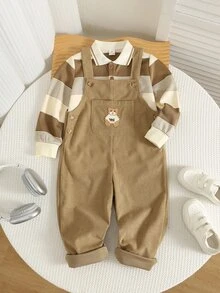 SHEIN Kids Striped Long Sleeve Autumn Winter Top + Overalls 2 Pieces Set, Young Boys Sweatshirt Outfit - Multicolor - View 5
