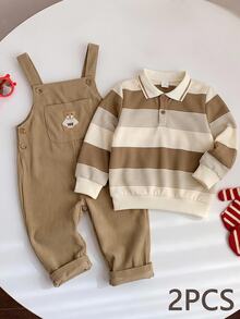 SHEIN Kids Striped Long Sleeve Autumn Winter Top + Overalls 2 Pieces Set, Young Boys Sweatshirt Outfit - Multicolor - View 3