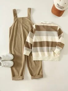 SHEIN Kids Striped Long Sleeve Autumn Winter Top + Overalls 2 Pieces Set, Young Boys Sweatshirt Outfit - Multicolor - View 2