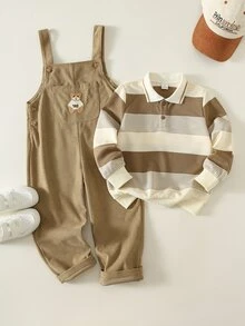 SHEIN Kids Striped Long Sleeve Autumn Winter Top + Overalls 2 Pieces Set, Young Boys Sweatshirt Outfit - Multicolor - View 4